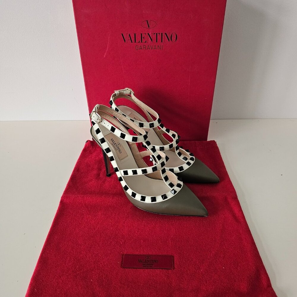 AUTH VALENTINO GARAVANI Rockstud Taupe Green Ankle Strap Shoe Heels 36/6, 100mm - Picture 2 of 15
